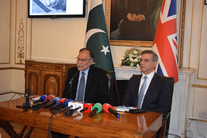Minister Ahsan Iqbal briefs media at the Pakistan High Commission London