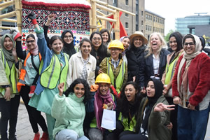 We welcome the diverse group of female students from Pakistan, Bangladesh and United Kingdom  who are building 2 low tech, low #carbon structures based on designs of Ms.Yasmeen Lari to highlight women's role in #Climate Revolution at King's Cross